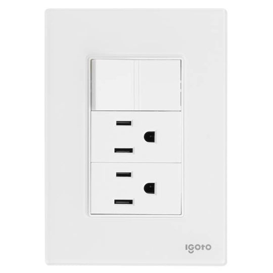 286228 Placa 3 ventanas con 2 contactos 2p+t y apagador sencillo blanco Cristal Igoto