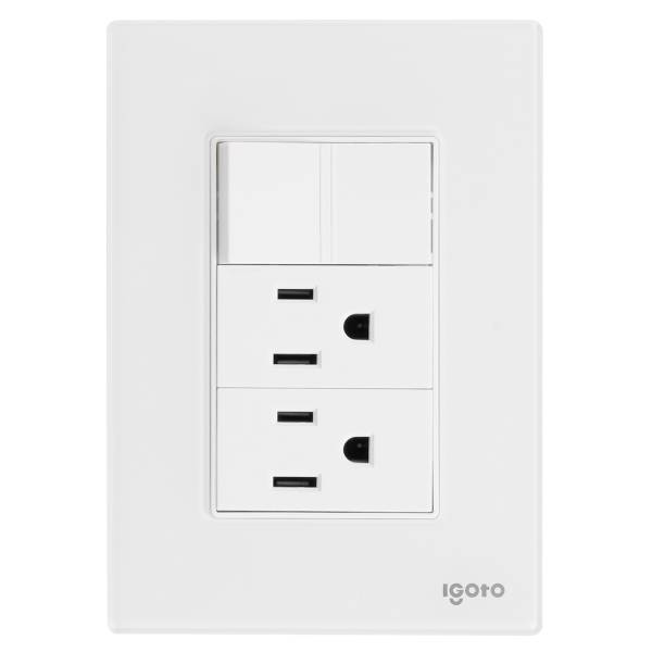 286228 Placa 3 ventanas con 2 contactos 2p+t y apagador sencillo blanco Cristal Igoto