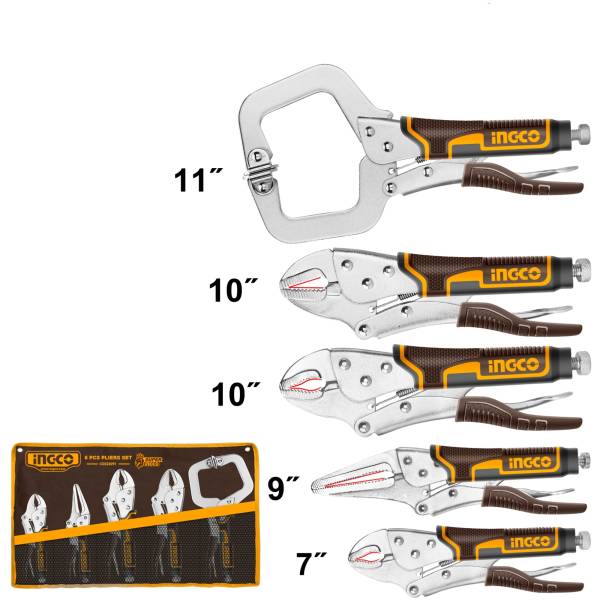 286853 Juego 5 pinzas presion mango con grip estuche tela Ingco