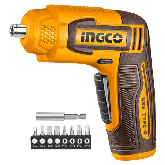 287870 Atornillador inalambrico 4v con 9 accesorios recargable USB C 4Nm Ingco