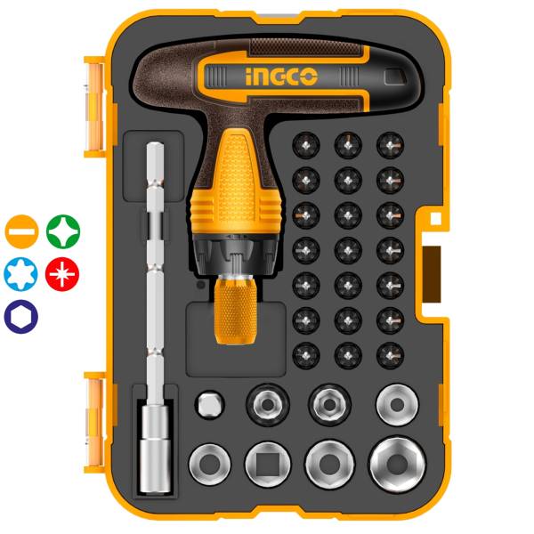287898 Desarmador de precision mango tipo T 31pz puntas y dados Ingco