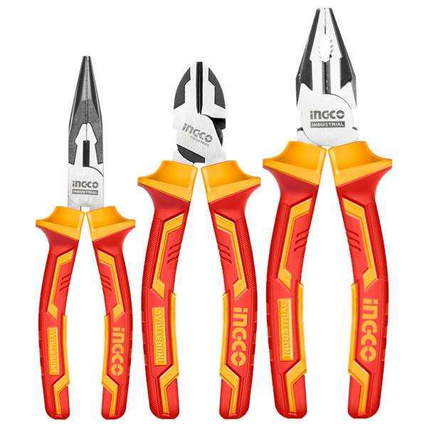 287915 Juego 3 pinzas dielectricas 6" - 8" electricista/corte/punta con grip Ingco