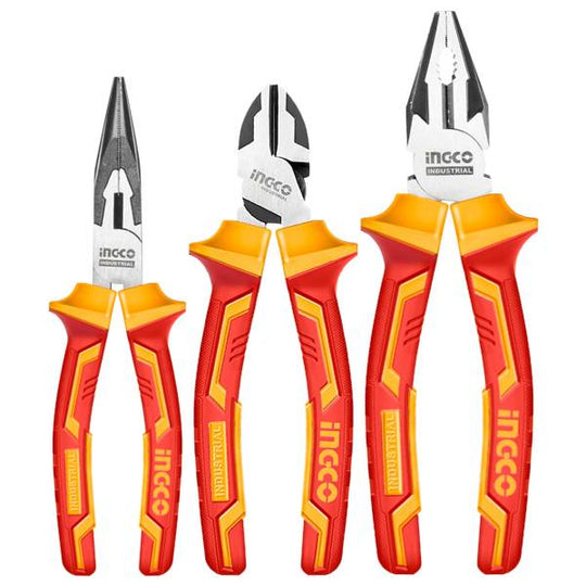 287915 Juego 3 pinzas dielectricas 6" - 8" electricista/corte/punta con grip Ingco