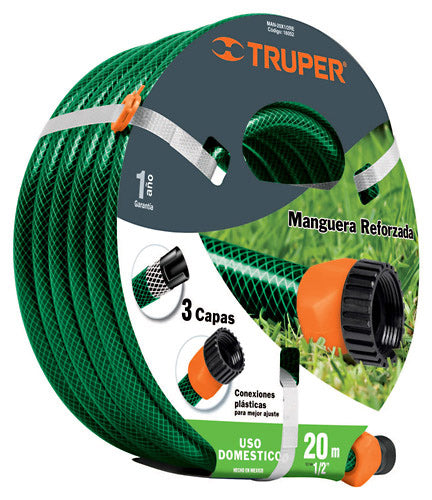 5222 Manguera jardin 3 capas tramada armada 013mm 1/2" 10mt cnx/plastico Truper
