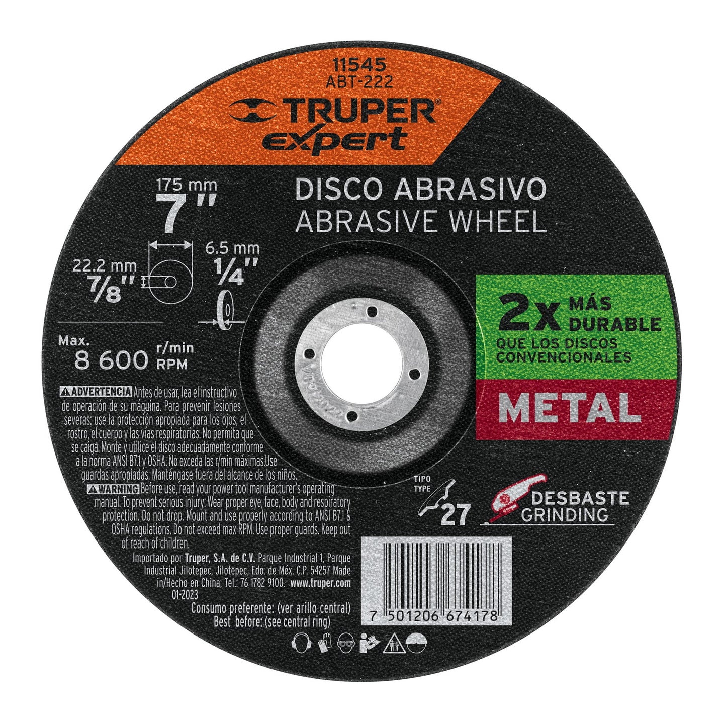 ABT-222 Disco Tipo 27 de 7" x 6.4 mm desbaste de metal, Expert