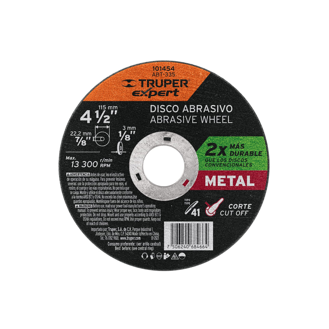 ABT-335 Disco para corte de metal 4-1/2" tipo 41, Truper Expert