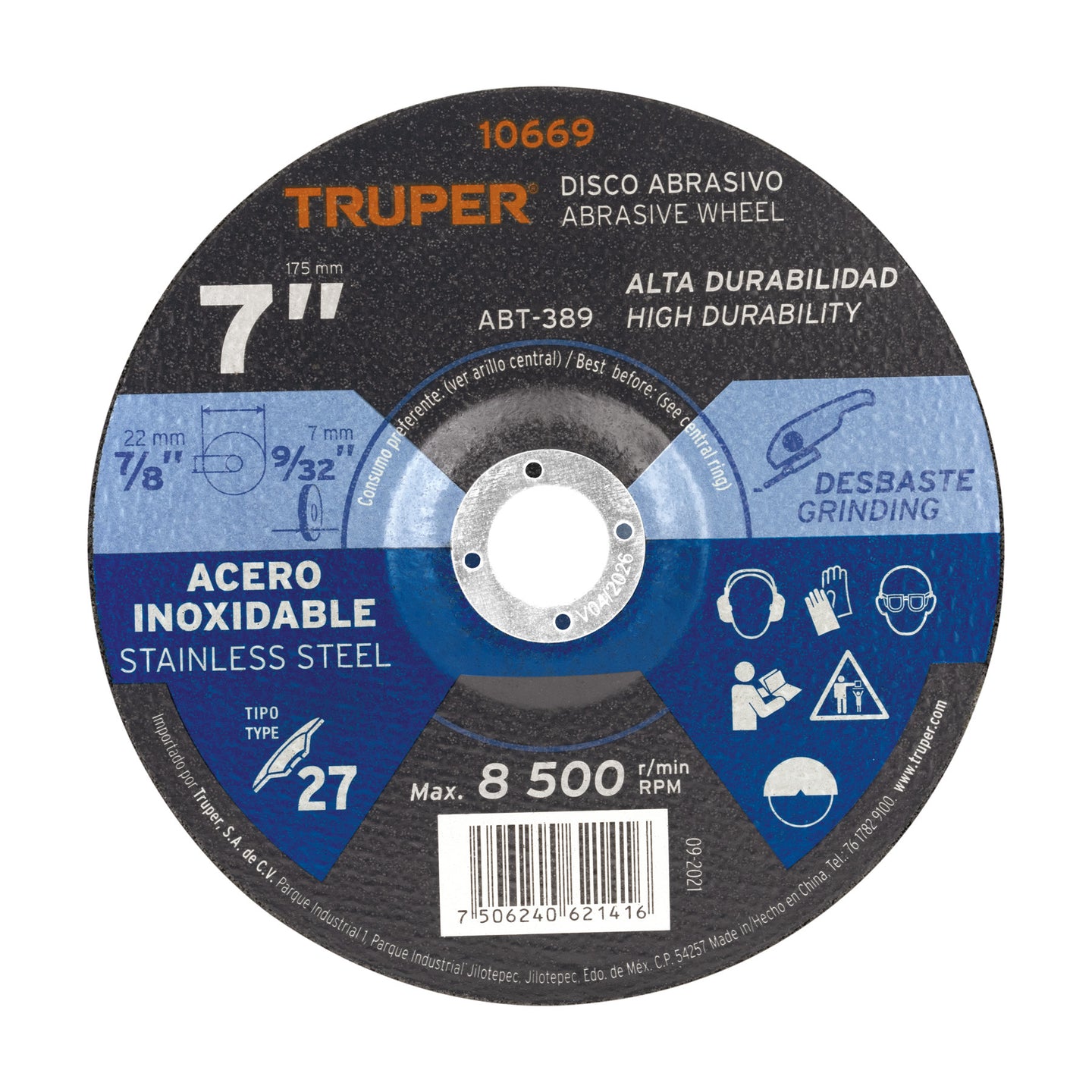 ABT-389 Disco Tipo 27 de 7" x 7.2 mm desbaste de acero inoxidable