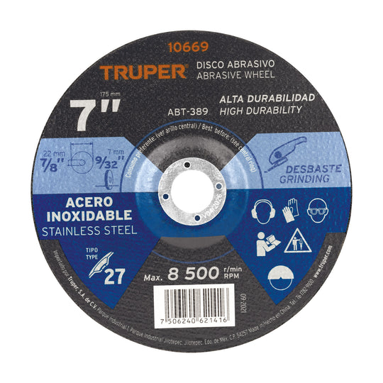 ABT-389 Disco Tipo 27 de 7" x 7.2 mm desbaste de acero inoxidable