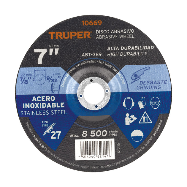 ABT-389 Disco Tipo 27 de 7" x 7.2 mm desbaste de acero inoxidable