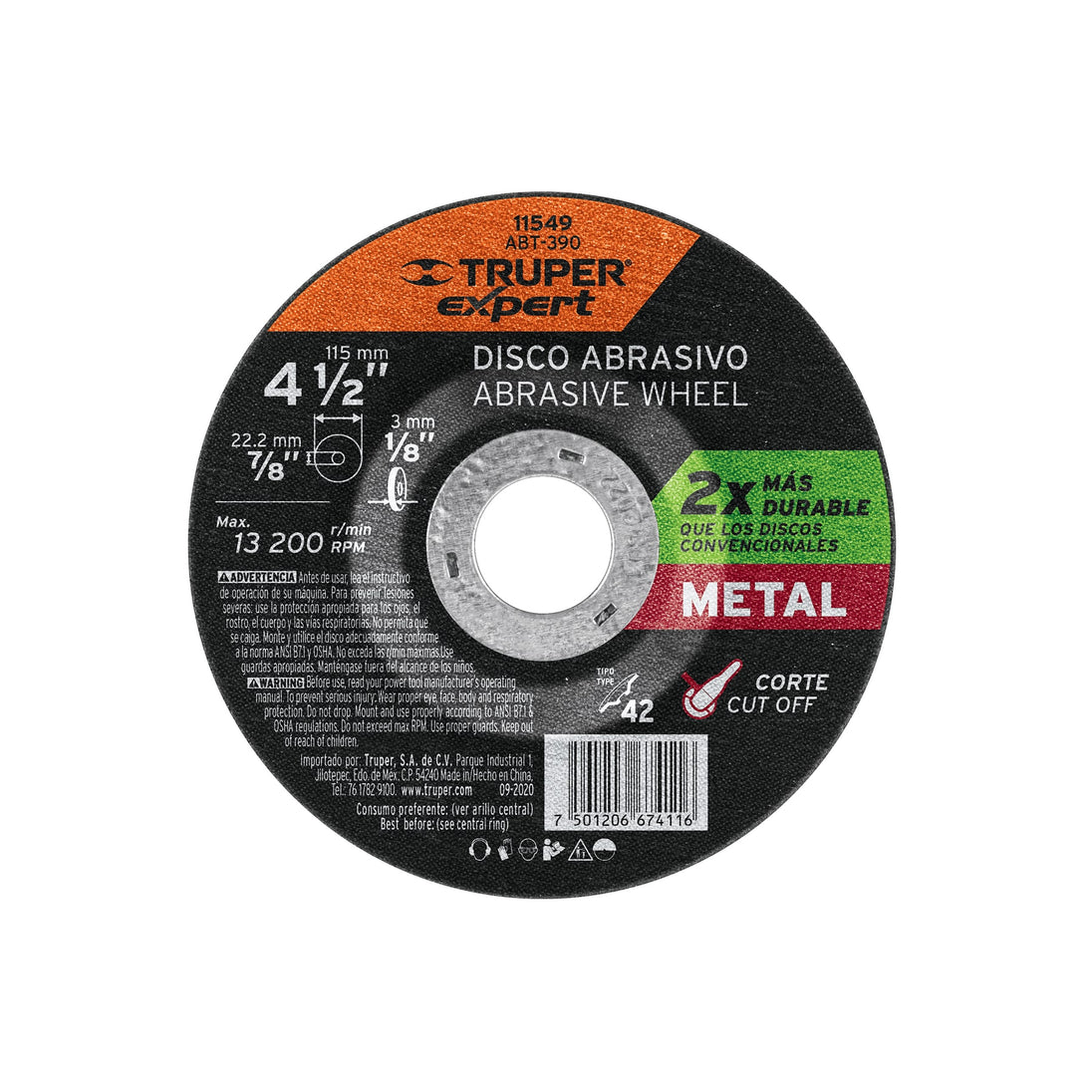 ABT-390 Disco Tipo 42 de 4-1/2" x 3.2 mm corte metal, Truper Expert
