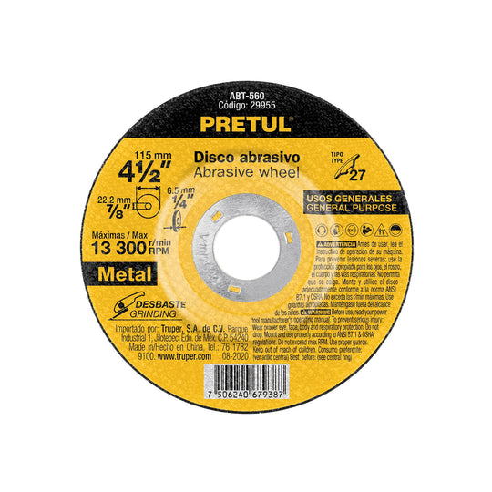 ABT-560 Disco Tipo 27 de 4-1/2" x 6.2 mm desbaste de metal, PRETUL