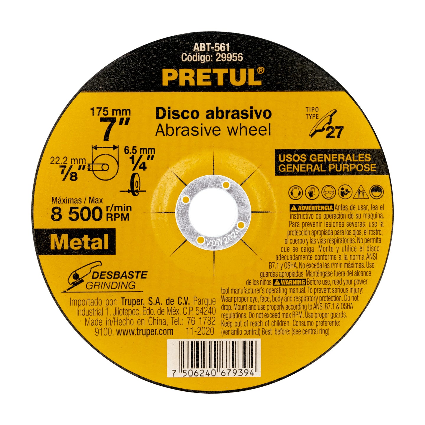 ABT-561 Disco Tipo 27 de 7" x 6.2 mm desbaste de metal, PRETUL