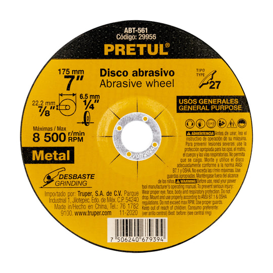 ABT-561 Disco Tipo 27 de 7" x 6.2 mm desbaste de metal, PRETUL