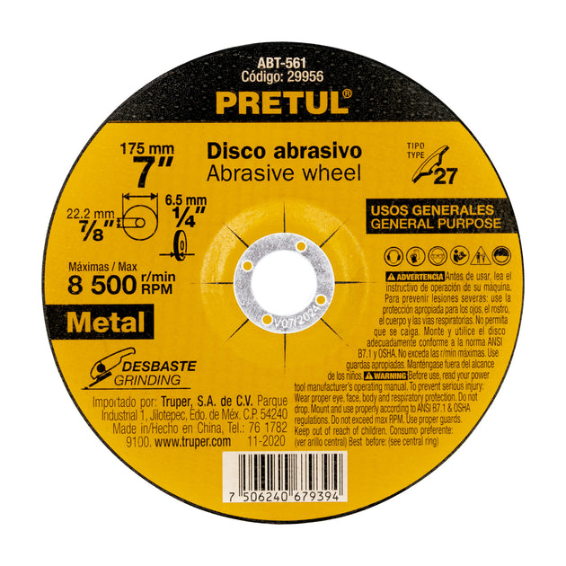 ABT-561 Disco Tipo 27 de 7" x 6.2 mm desbaste de metal, PRETUL