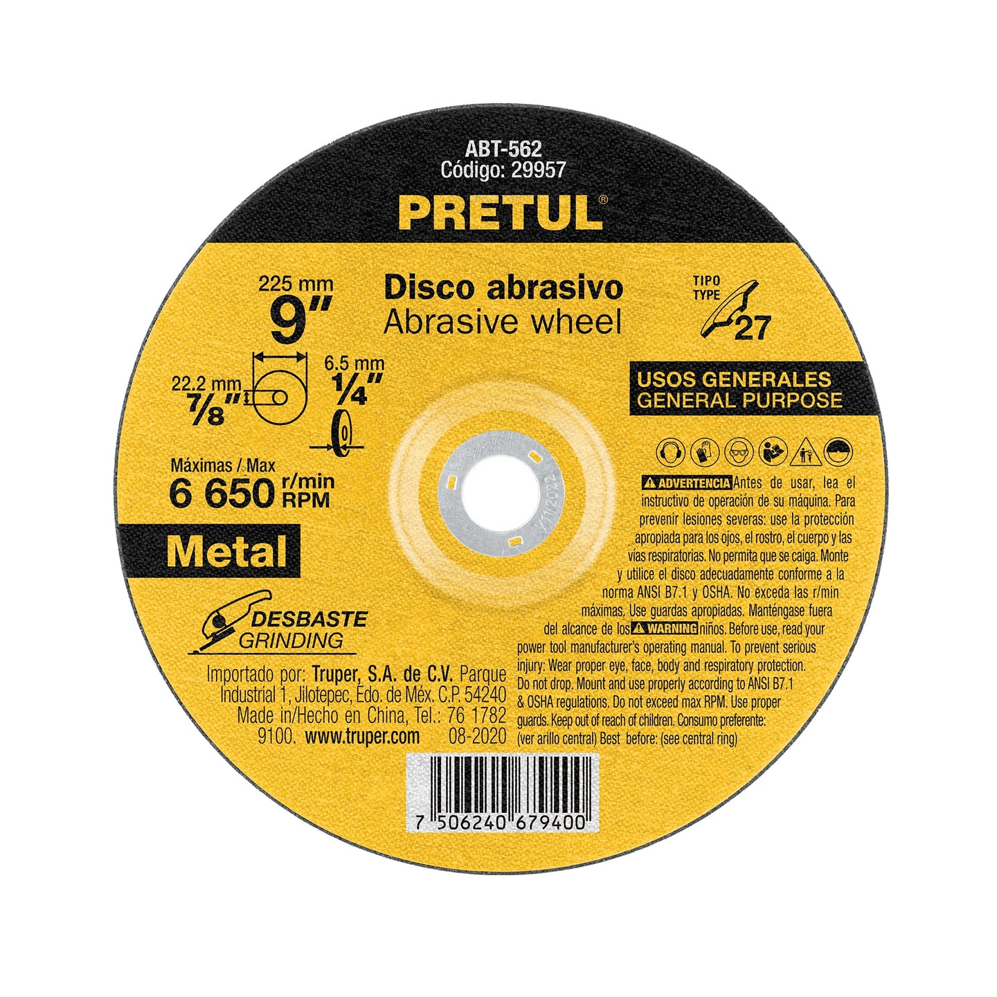 ABT-562 Disco Tipo 27 de 9" x 6.2 mm desbaste de metal, PRETUL
