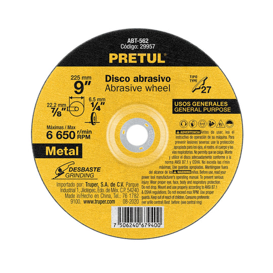 ABT-562 Disco Tipo 27 de 9" x 6.2 mm desbaste de metal, PRETUL