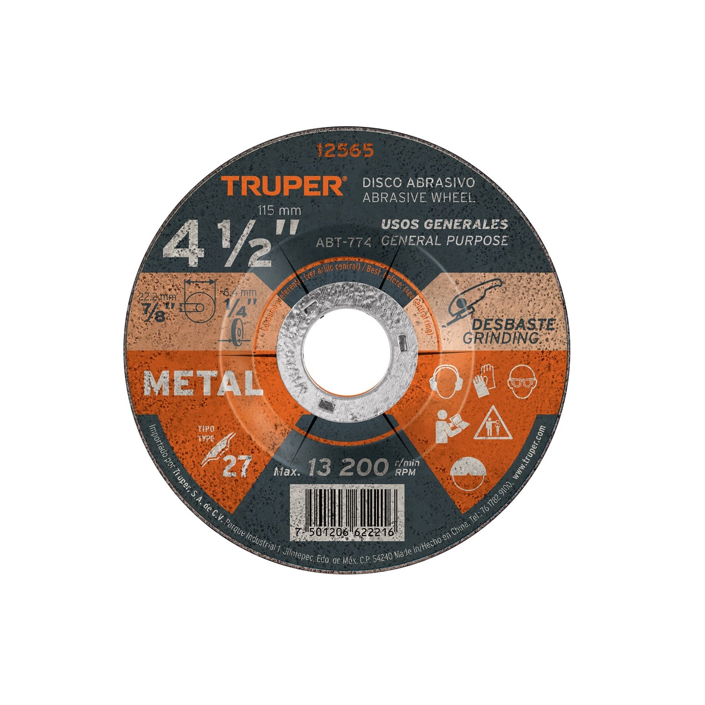ABT-774 Disco Tipo 27 de 4-1/2" x 6.4 mm para desbaste de metal
