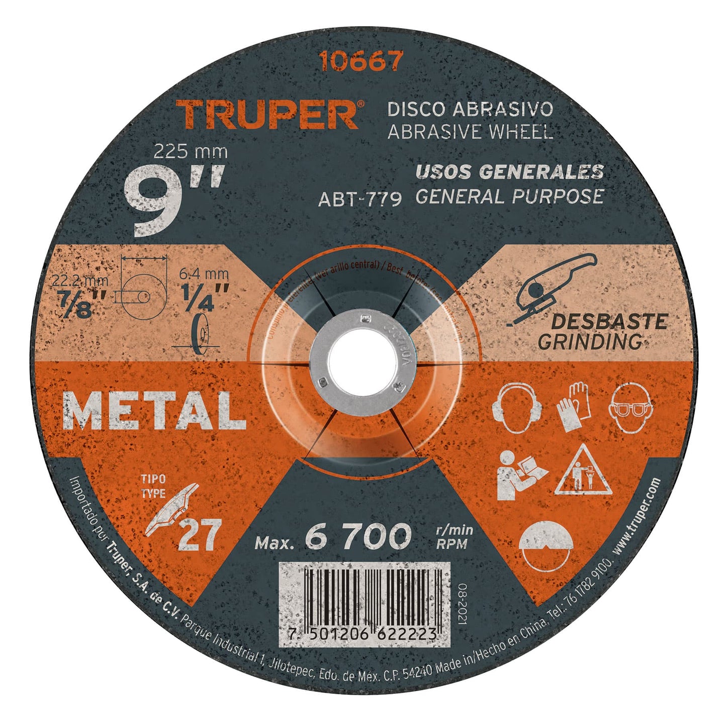 ABT-779 Disco Tipo 27 de 9" x 6.4 mm para desbaste de metal, Truper