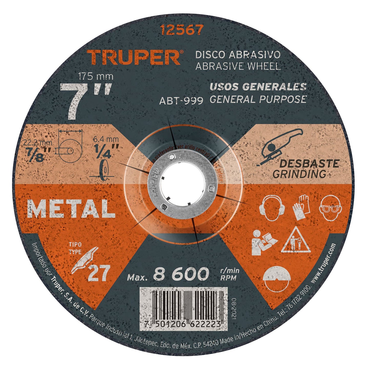 ABT-999 Disco Tipo 27 de 7" x 6.4 mm para desbaste de metal, Truper