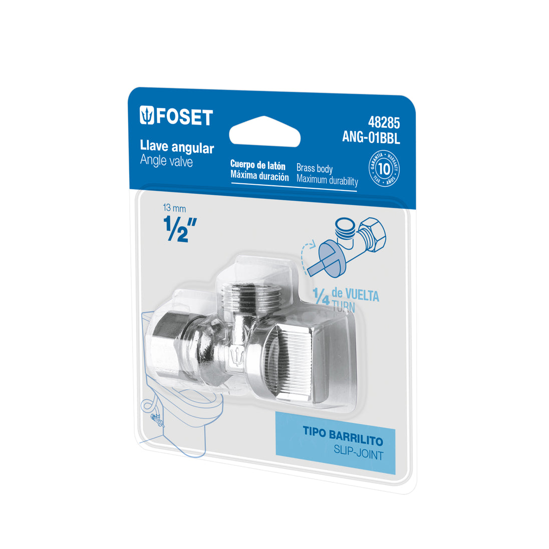 ANG-01BBL Llave angular 1/2", 1/4 de vuelta, barrilito, blíster, FOSET