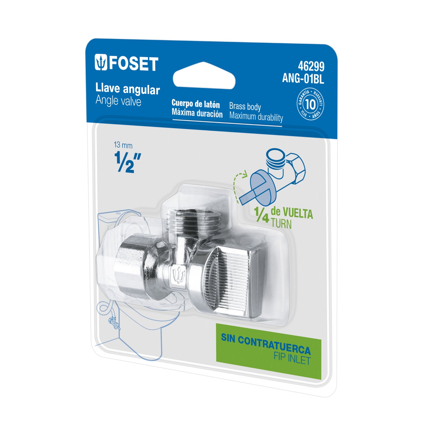 ANG-01BL Llave angular 1/2", 1/4 de vuelta, roscable, blíster, FOSET