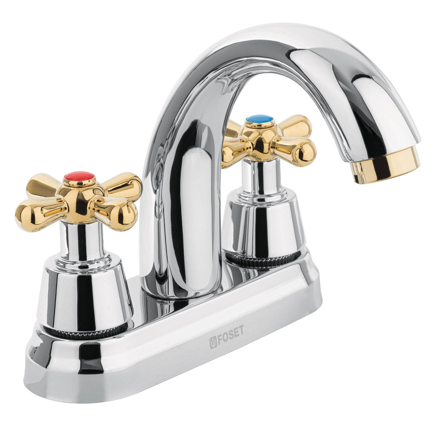 AQM-51G Mezcladora lavabo 4" cromo-oro, nariz curva, cruceta, AQUA