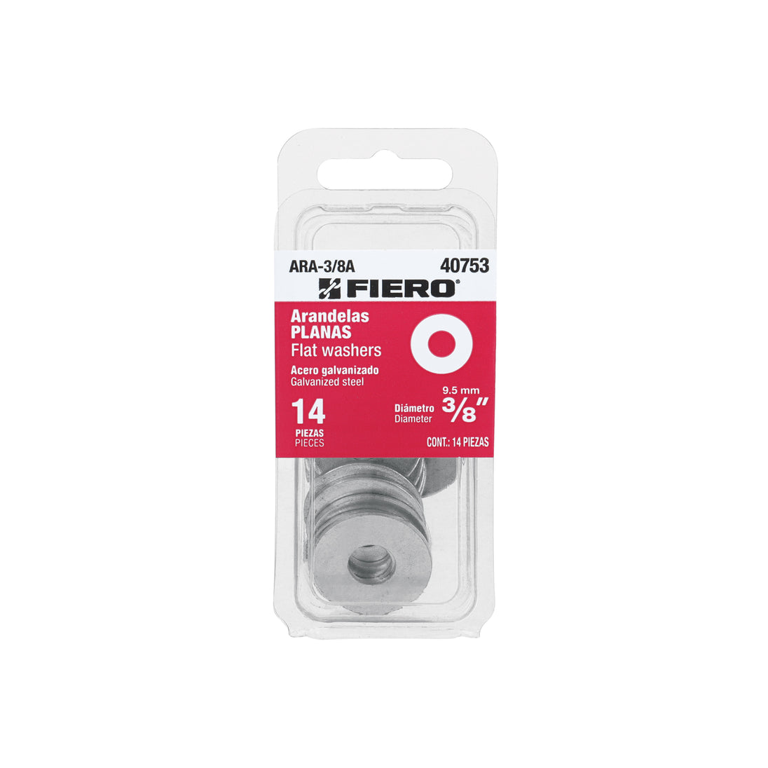 ARA-3/8A Blíster con 14 arandelas planas de 3/8", FIERO
