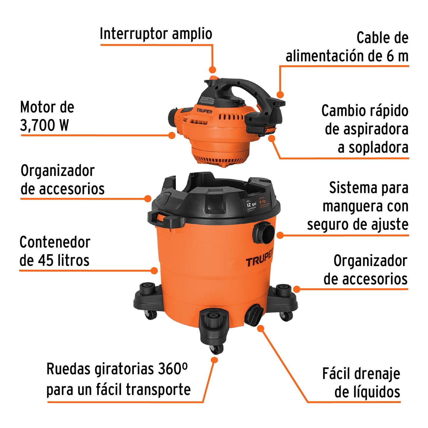 ASP-12S Aspiradora sólidos y líquidos, 12 gal, soplador desmontable