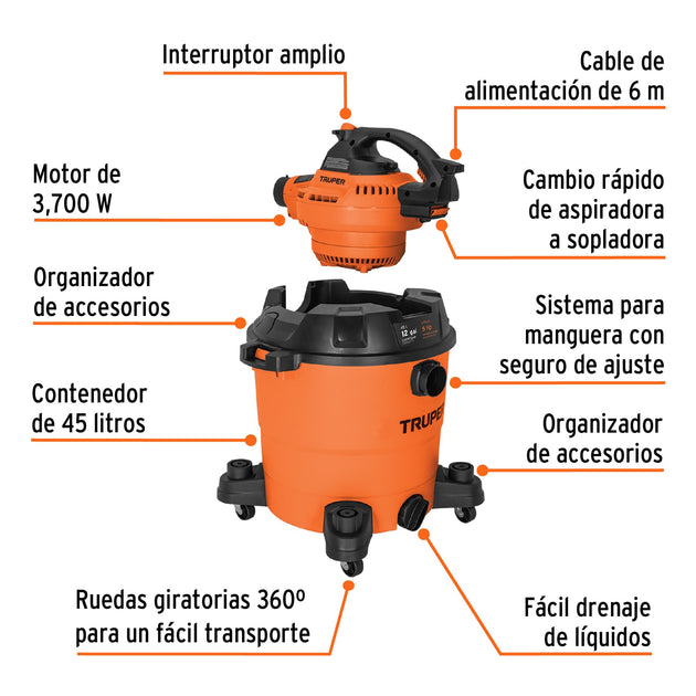 ASP-12S Aspiradora sólidos y líquidos, 12 gal, soplador desmontable