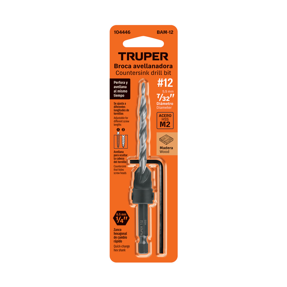 Broca Avellanadora Truper BAM-12 Tornillo No.12 Acero M2 5/32"