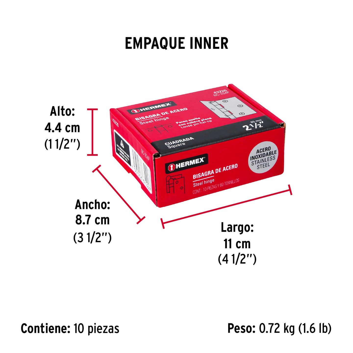 BC-254P Bisagra cuadrada 2-1/2" acero inox, cabeza plana, HERMEX