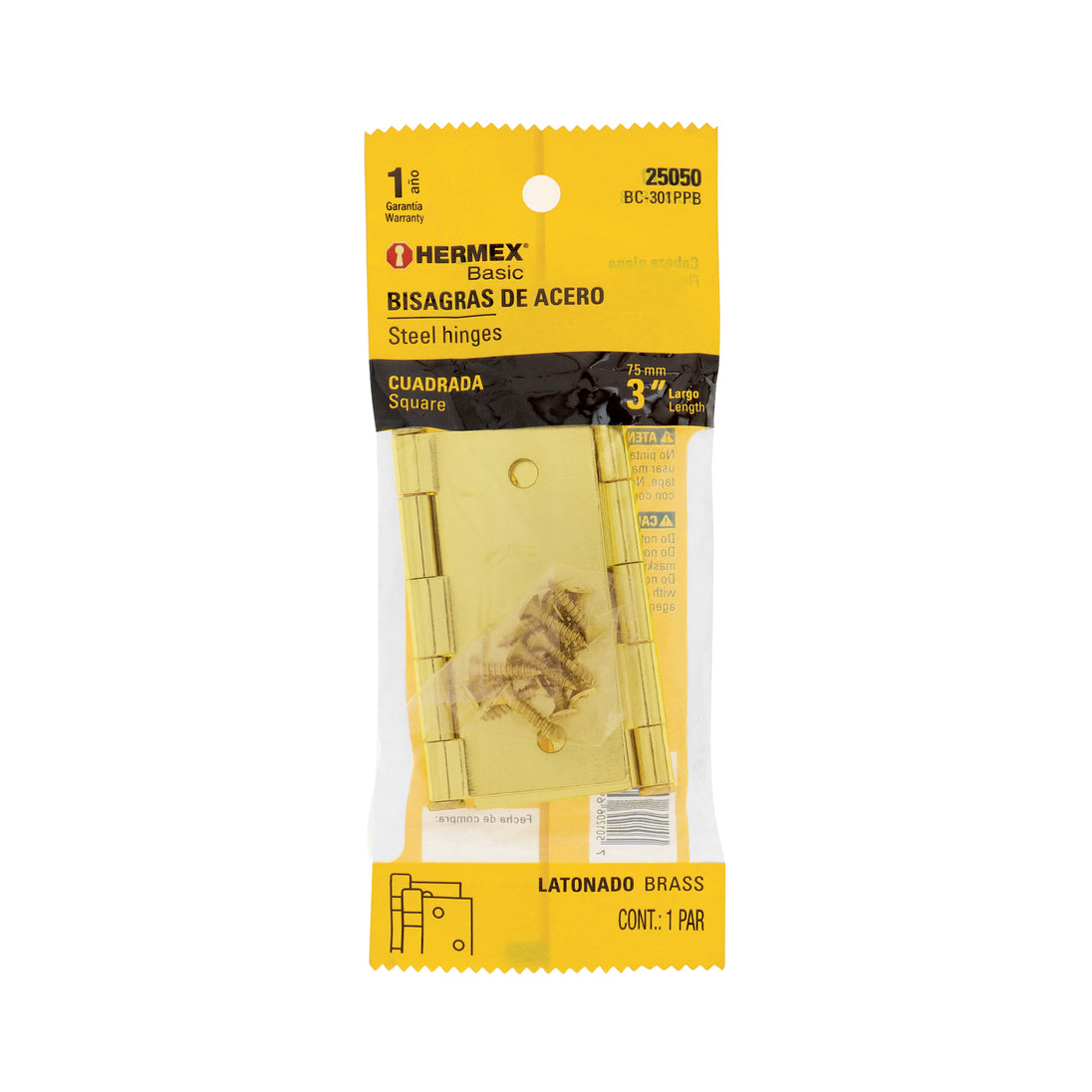 BC-301PPB Bolsa c/2 bisagras cuadradas 3", latonado, HERMEX BASIC