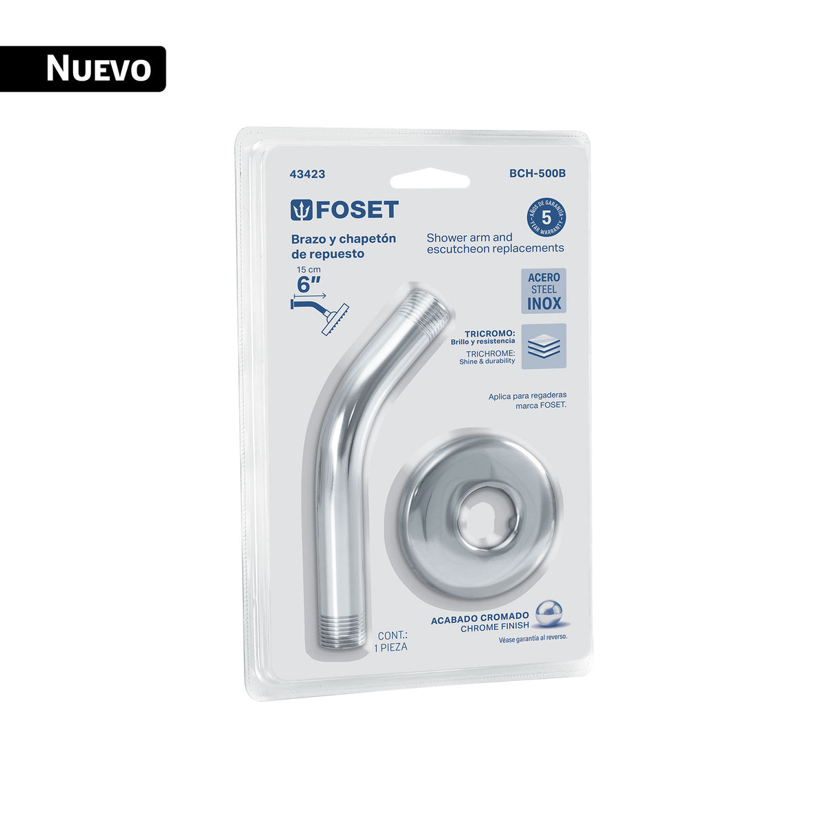 Brazo y Chapetón Foset BCH-500B Acero Inox Cromado 1/2" NPT