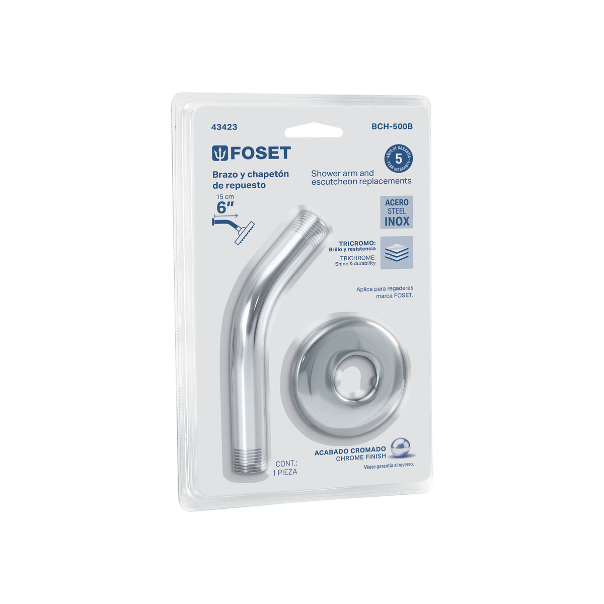 Brazo y Chapetón Foset BCH-500B, Acero Inoxidable, 15 cm