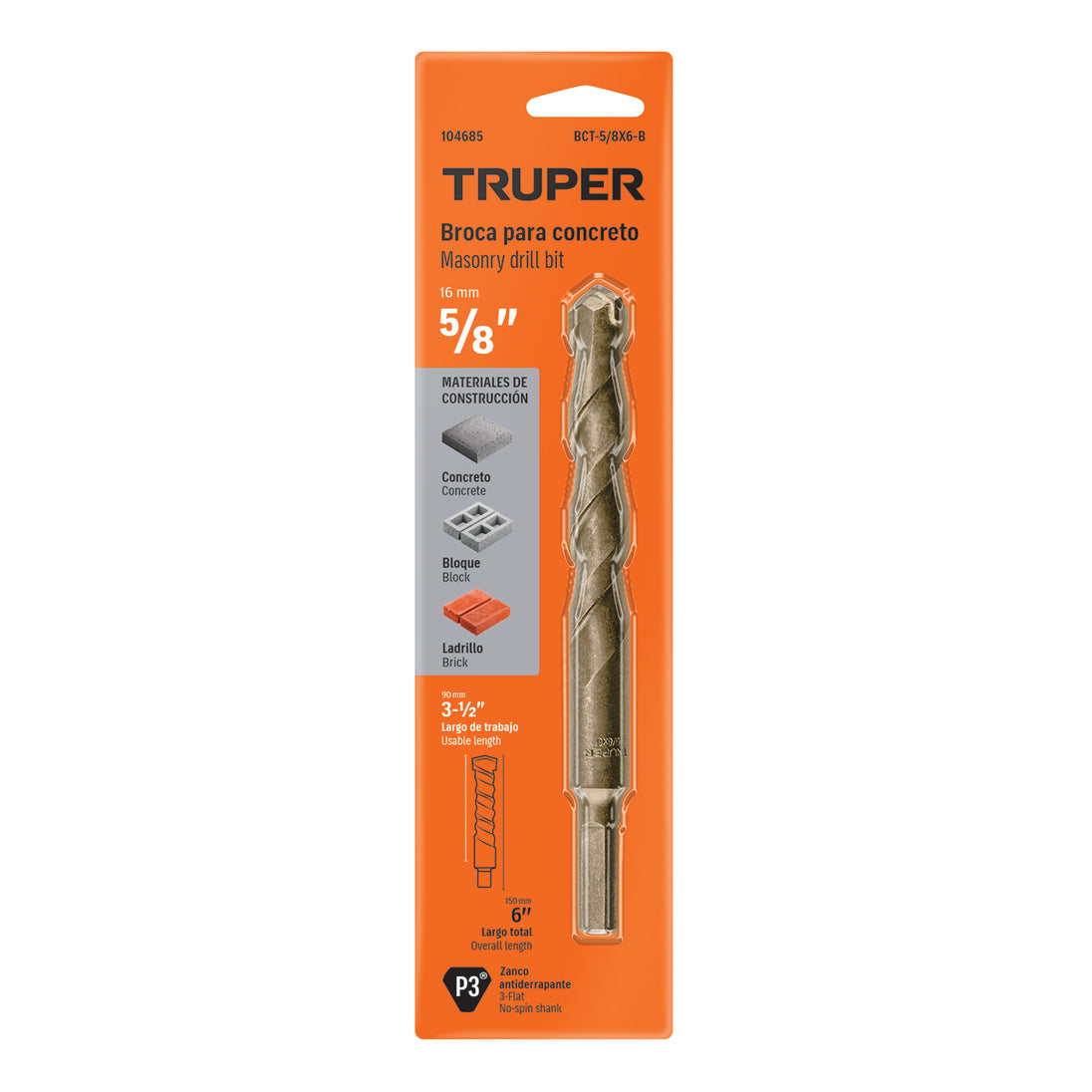 Broca Truper BCT-5/8X6-B, 5/8", Largo 6"