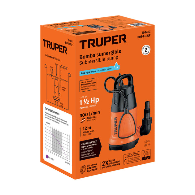 Bomba Sumergible Truper 1.5 HP Desagüe Inundaciones BOS-1-1/2LP