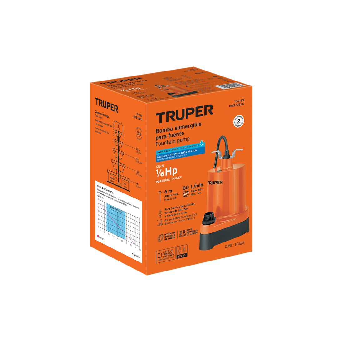Bomba Sumergible Truper 1/6 HP BOS-1/6FU | Fuentes y Drenaje