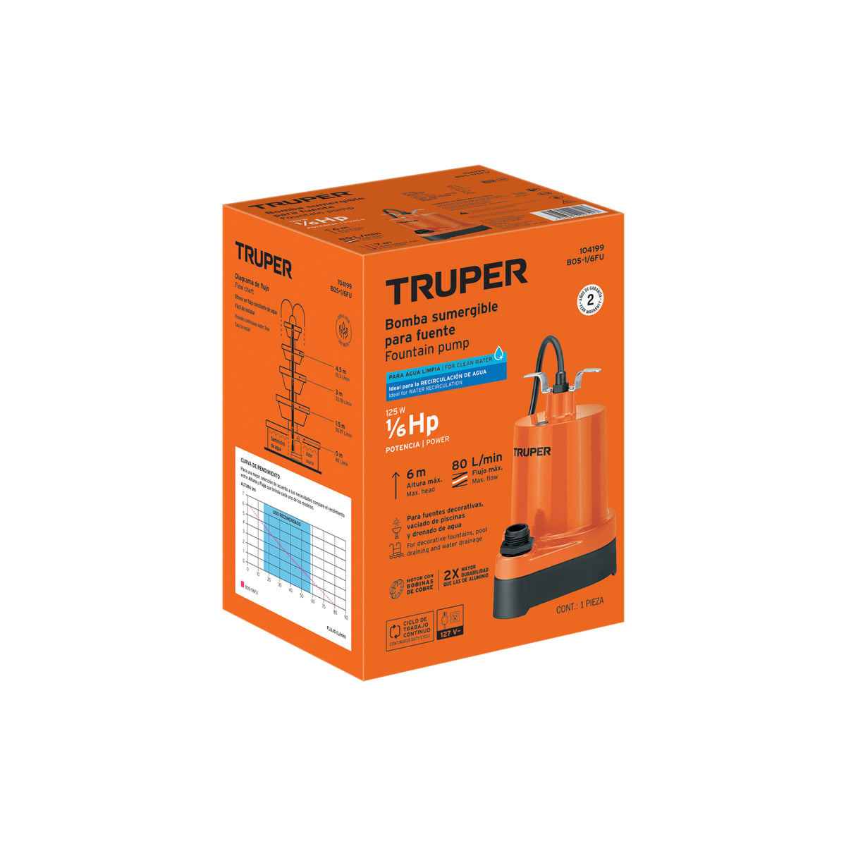 Bomba Sumergible Truper 1/6 HP BOS-1/6FU | Fuentes y Drenaje