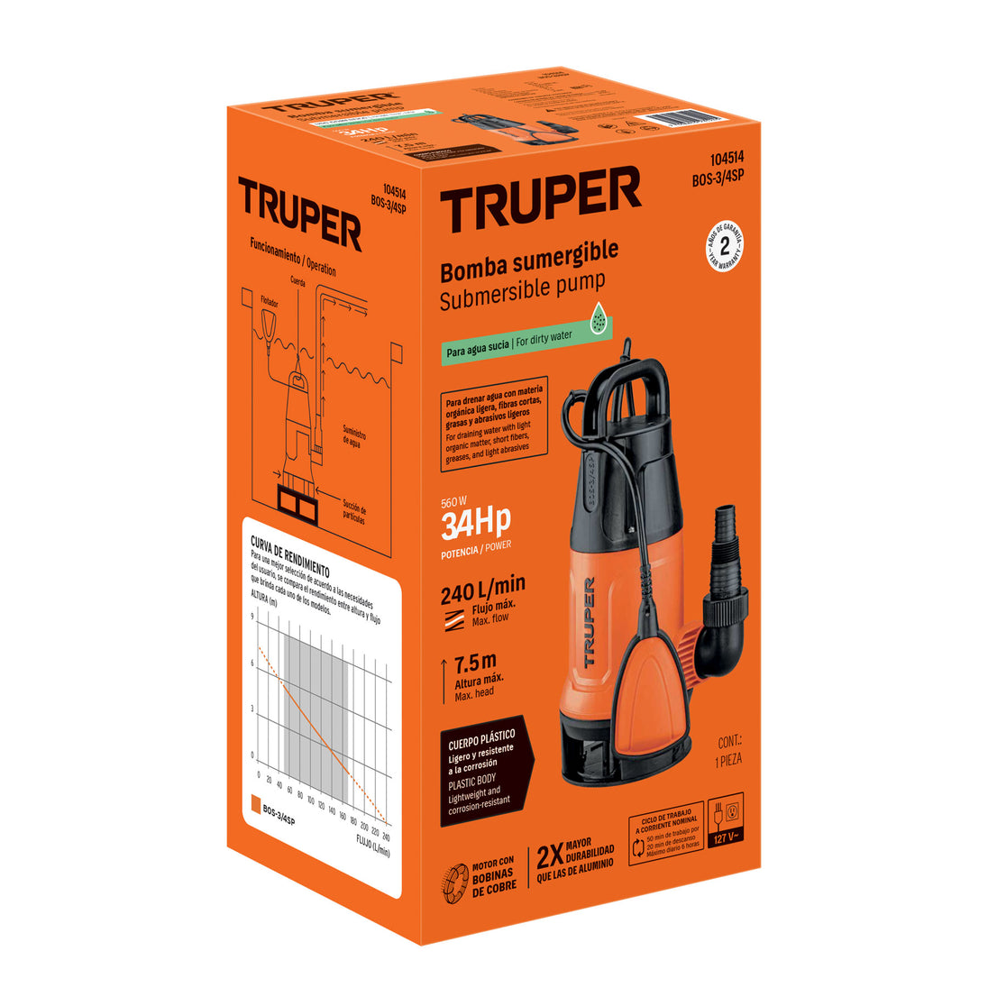 Bomba Sumergible Truper BOS-3/4SP 3/4 HP | Desagüe e Inundaciones