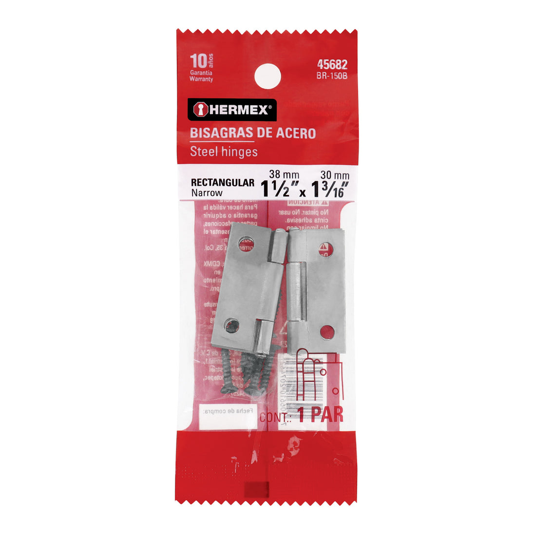 BR-150B Bolsa con 2 bisagras rectangulares 1-1/2", acero pulido