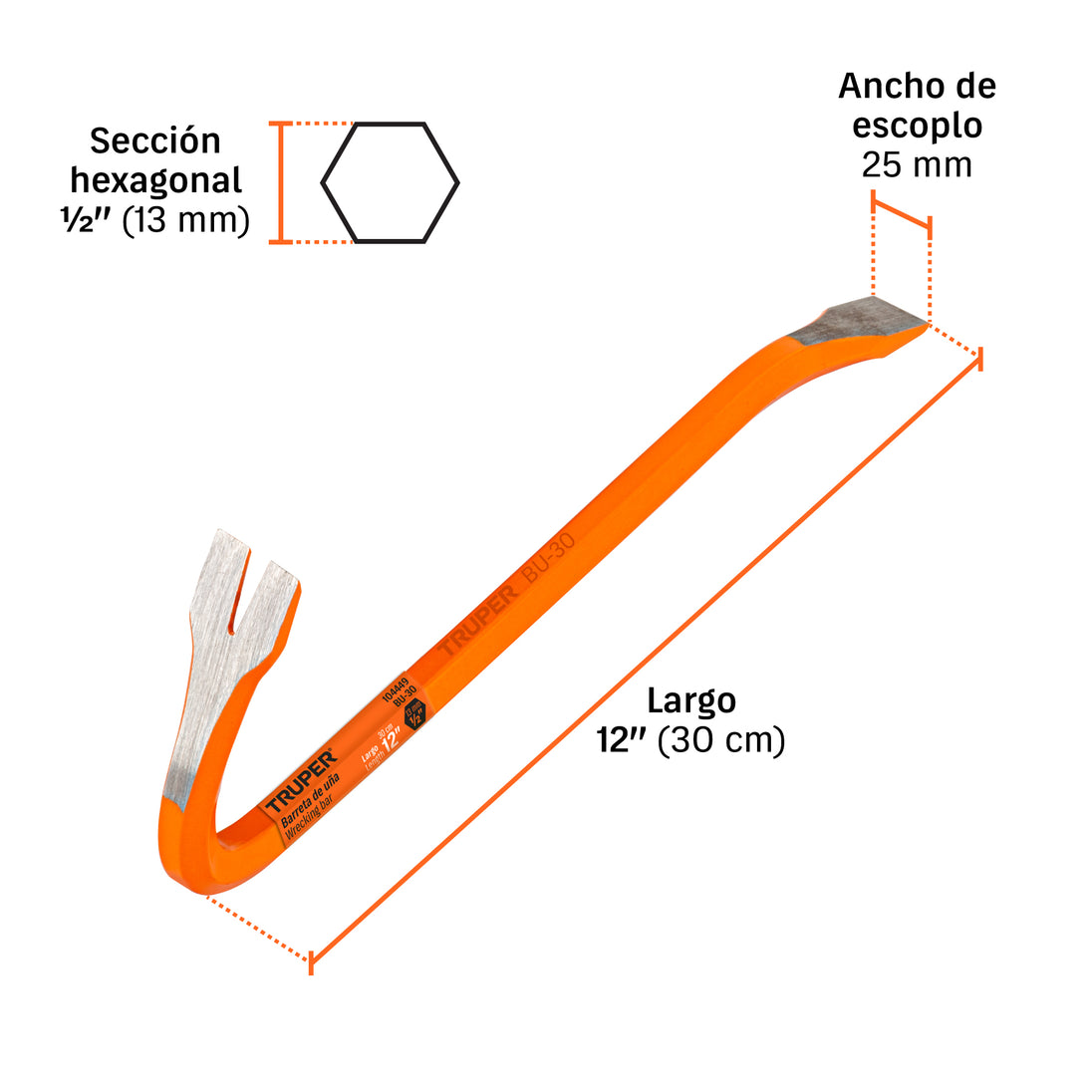 Barra de Uña Truper BU-30 30 cm Hexagonal | Acero Doble Tratamiento