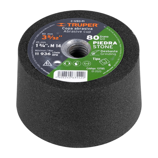 C-1283-PI Copa desbaste de piedra 3-5/32" grano 80, eje M14, Truper