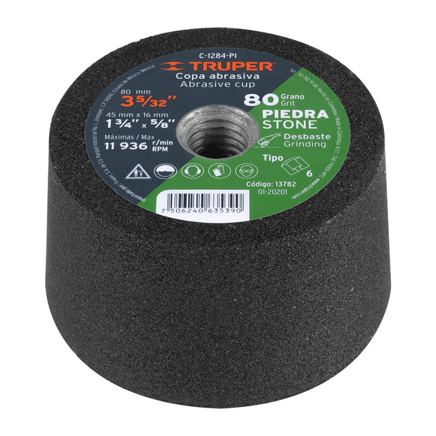 C-1284-PI Copa desbaste de piedra 3-5/32" grano 80, eje 5/8-11, Truper