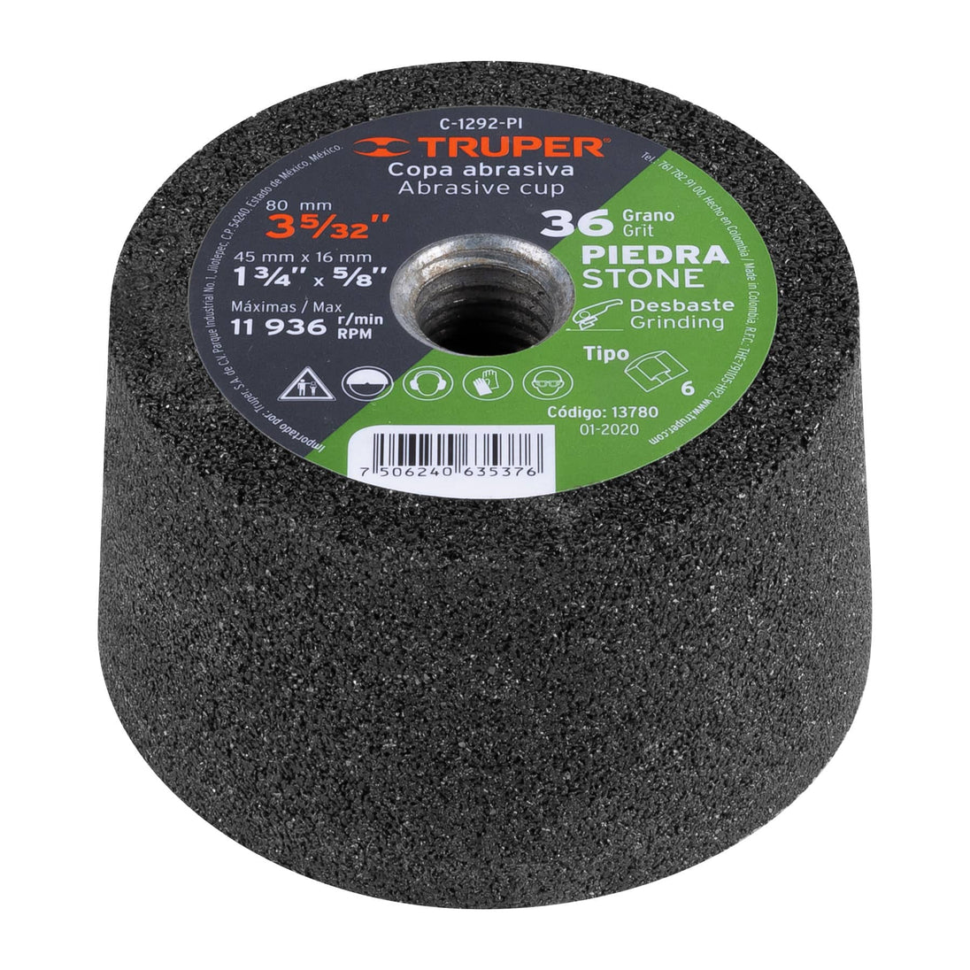 C-1292-PI Copa desbaste de piedra 3-5/32" grano 36, eje 5/8-11, Truper