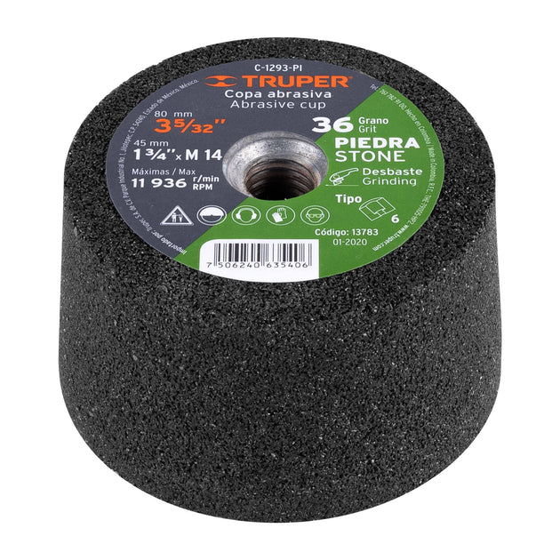 C-1293-PI Copa desbaste de piedra 3-5/32" grano 36, eje M14, Truper