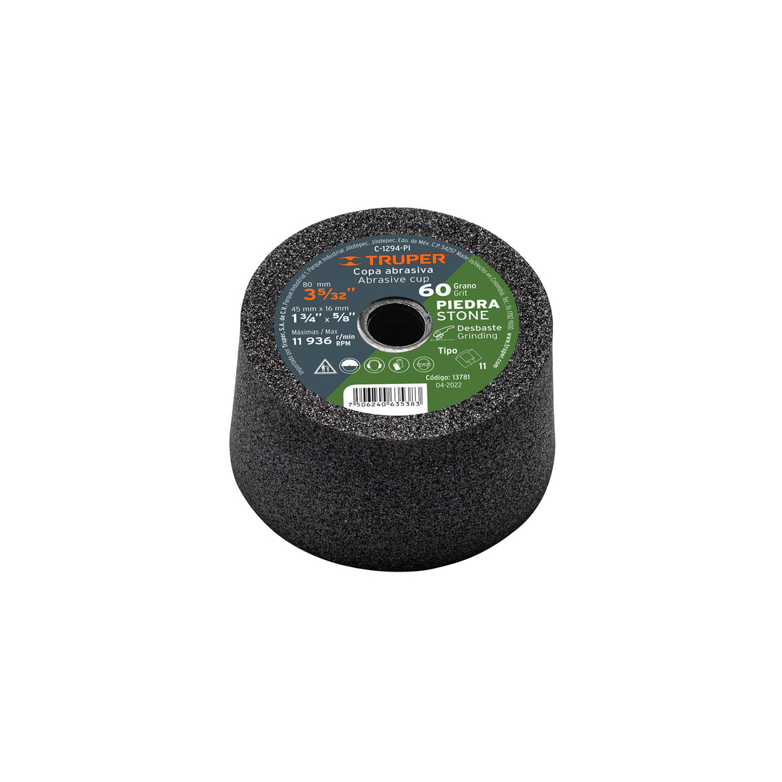 C-1294-PI Copa desbaste de piedra 3-5/32" grano 60, eje 5/8-11, Truper