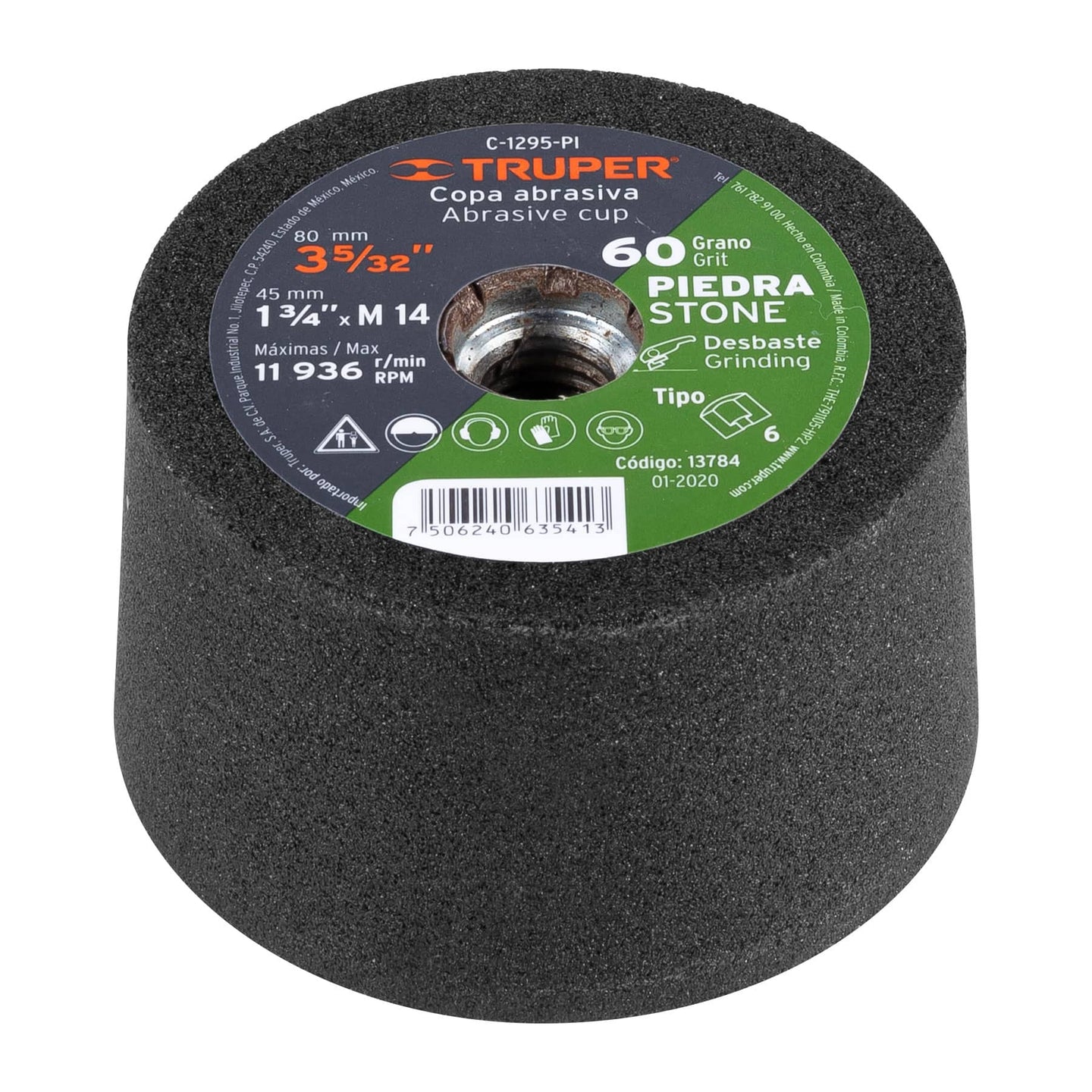 C-1295-PI Copa desbaste de piedra 3-5/32" grano 60, eje M14, Truper