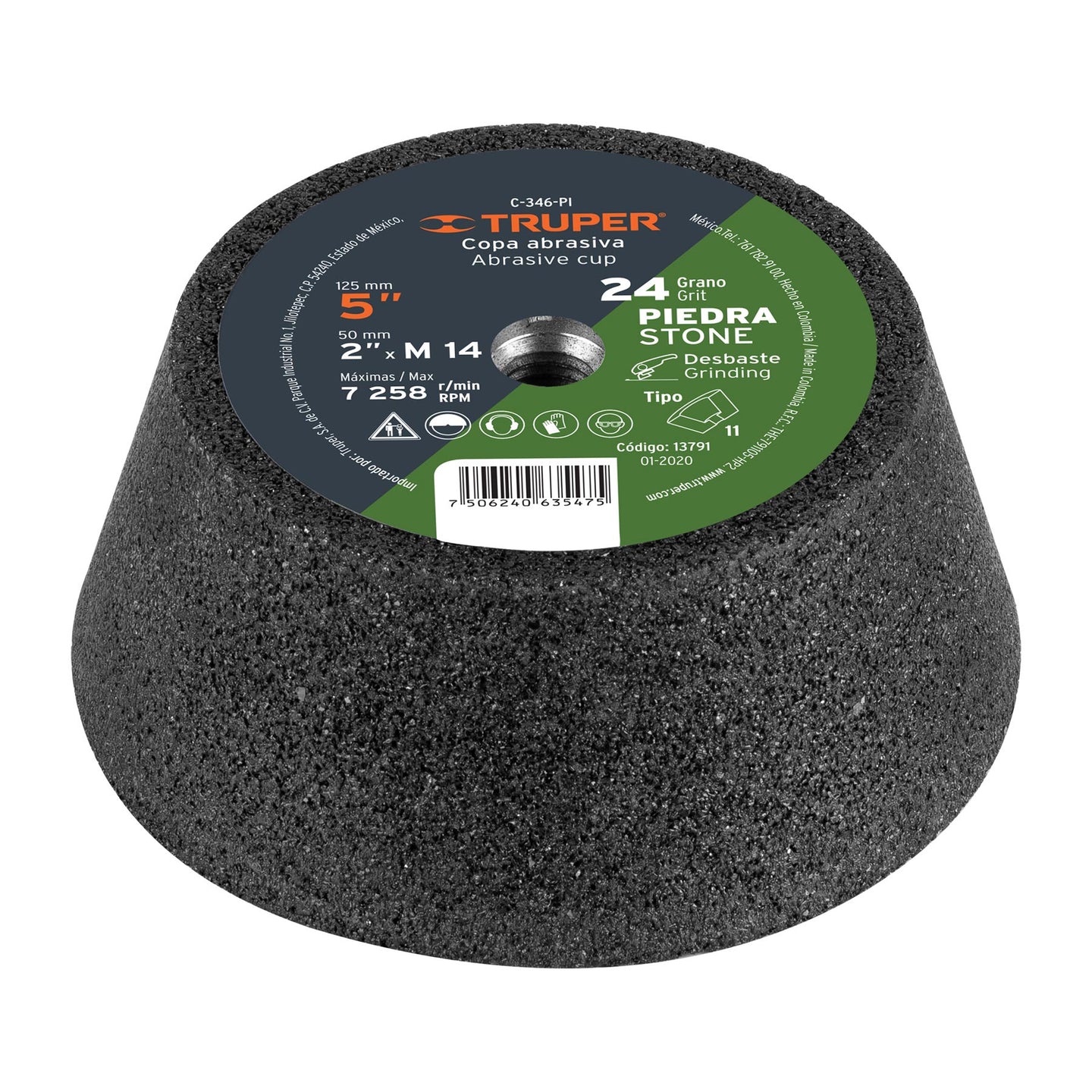 C-346-PI Copa desbaste de piedra 5" grano 24, eje M14, Truper