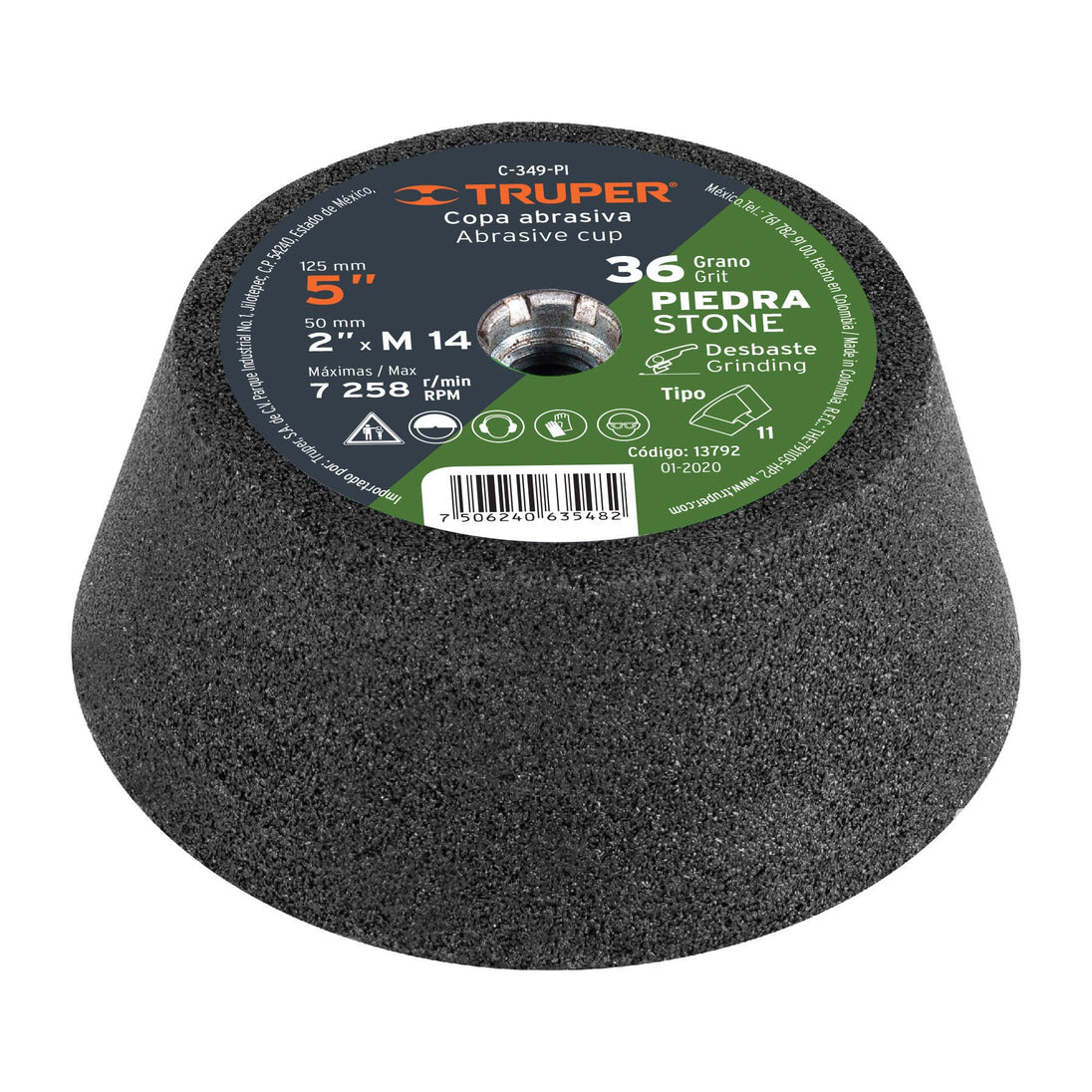 C-349-PI Copa desbaste de piedra 5" grano 36, eje M14, Truper