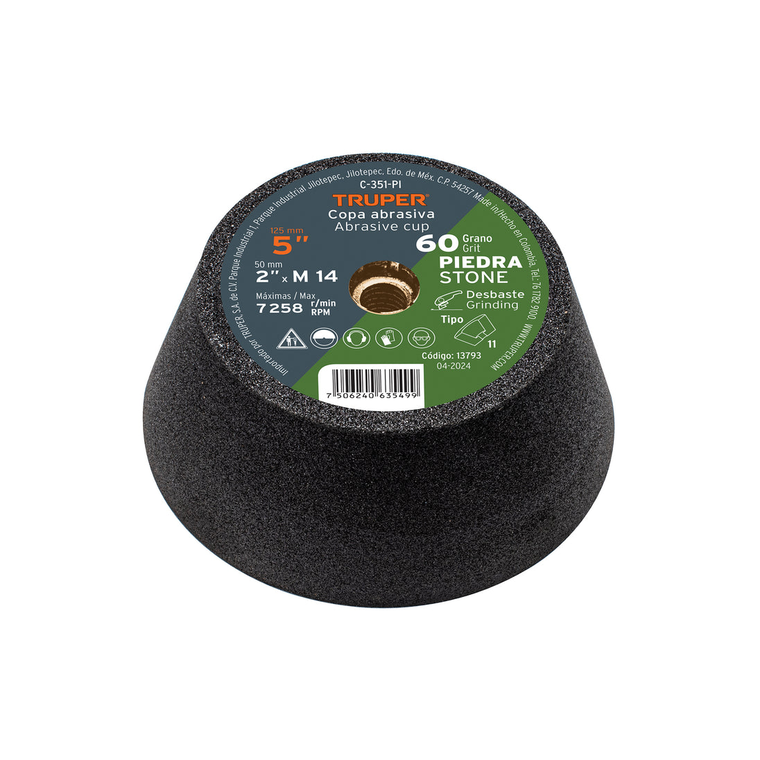 C-351-PI Copa desbaste de piedra 5" grano 60, eje M14, Truper